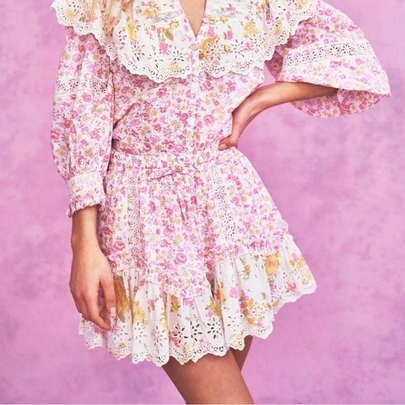 LoveShackFancy Becca Pink Floral Eyelet Ruffles Mini Skirt Size M - Picture 11 of 14